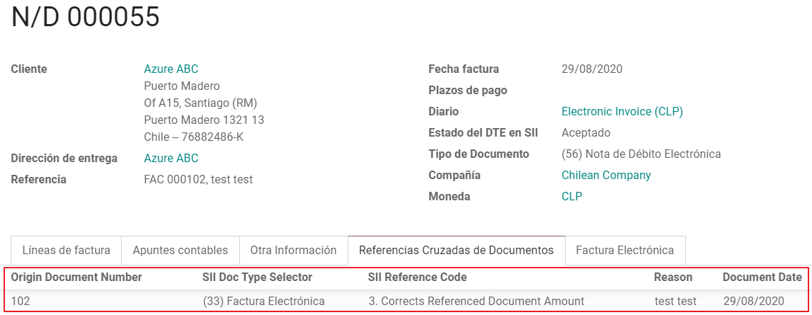 Invoice tab with origin document number and data.