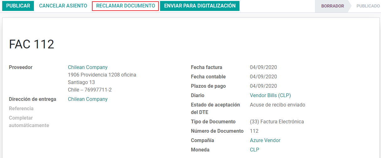 Claim button in vendor bills to inform the vendor all the document is comercially rejected.