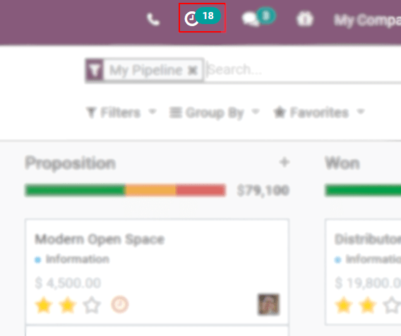 View of crm leads page emphasizing the activities menu for Odoo Discuss