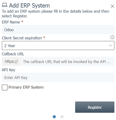 Filling out of the form to register an ERP system on the ETA portal.