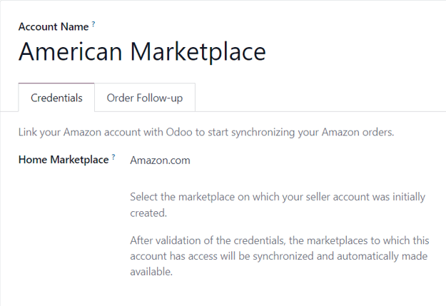 A typical Amazon Account form page in the Odoo Sales application.