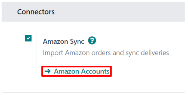 The Amazon Accounts link beneath the Amazon Sync settings in Odoo Sales.