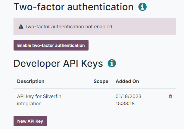 creation of an Odoo external API key for an Odoo user