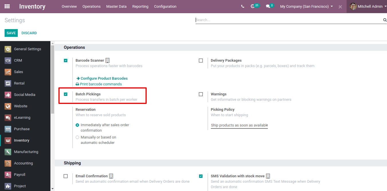 View of the inventory settings. Process to enable the batch pickings option in the Odoo Inventory app