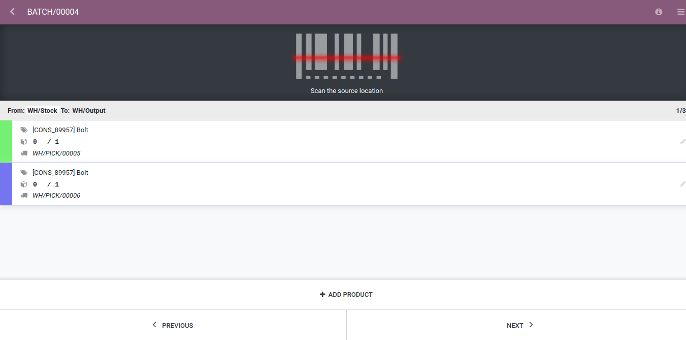 View of an in progress batch transfer with the Odoo Barcode application