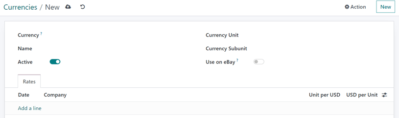 How a blank currency detail form looks in Odoo Accounting.