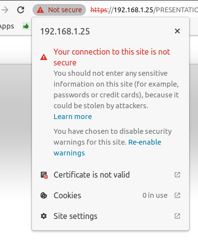 The web browser indicates that the connection to the printer is not secure.