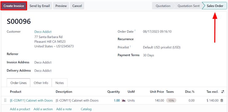 Cabinet with doors sales order that's been confirmed in the Odoo Sales application.