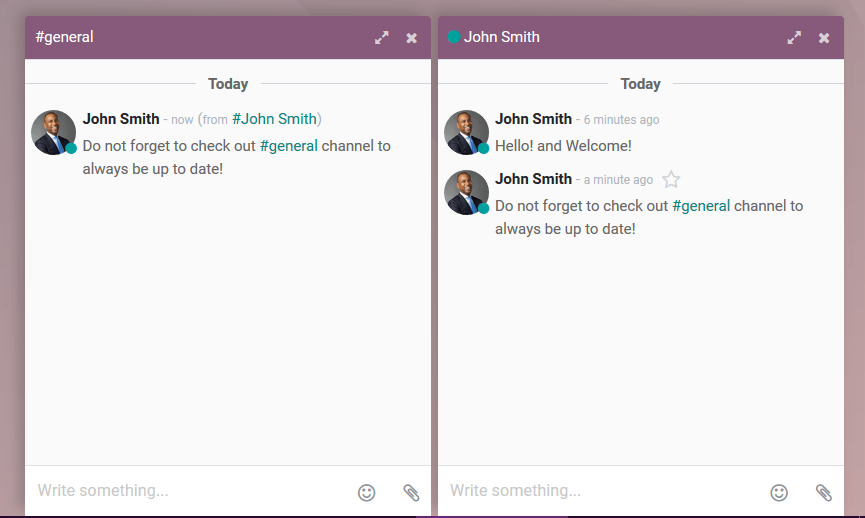 View of a couple of chat window messages for Odoo Discuss