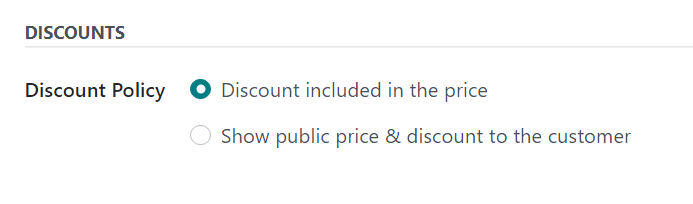 What the discount options are on the configuration tab of a pricelist in Odoo Sales.
