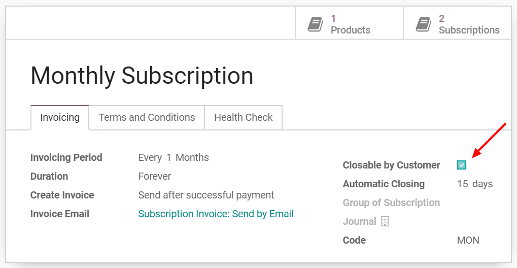 Configuration to close your subscription with Odoo Subscriptions