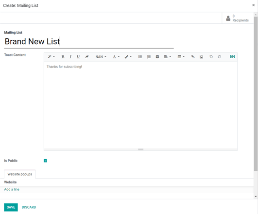 View of the create and edit mailing list pop-up in Odoo Email Marketing.