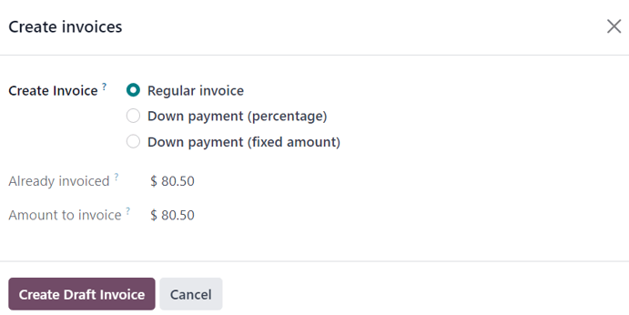 The deduct down payment option on the create invoices pop up in Odoo Sales.