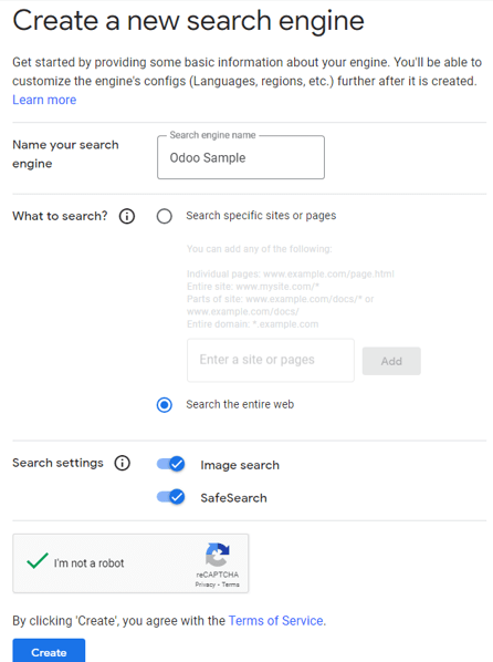 Create new search engine form that appears with search engine configurations.