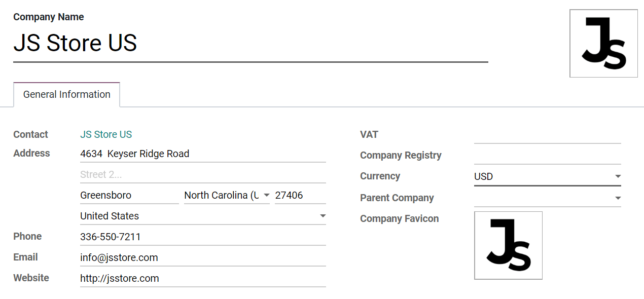 Overview of a new company's form in Odoo