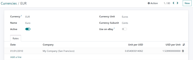 How a currency detail form looks in Odoo Accounting.