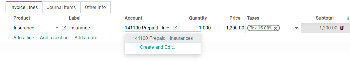 Selection of a Deferred Expense Account on a draft bill in Odoo Accounting