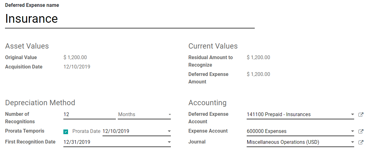 Deferred Expense entry in Odoo Accounting