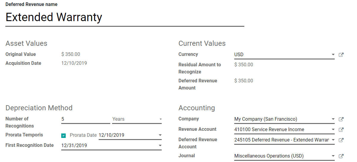 Deferred Revenue entry in Odoo Accounting