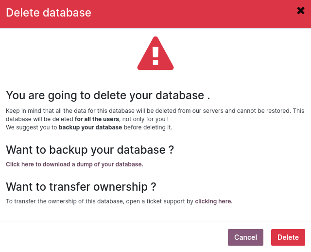 A warning message is prompted before deleting a database.