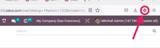 View of Odoo's debug icon in a Google Chrome toolbar.