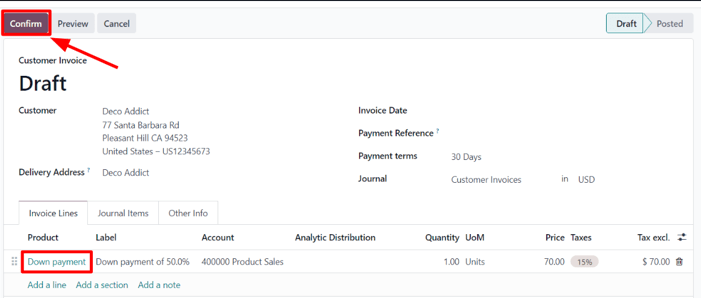 A sample draft invoice with down payment mentioned in Odoo Sales.