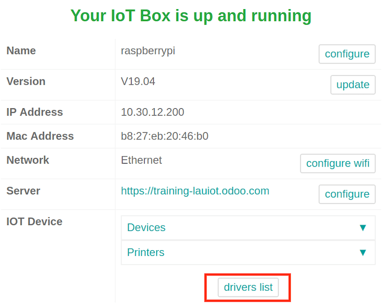 View of the IoT box settings and driver list.