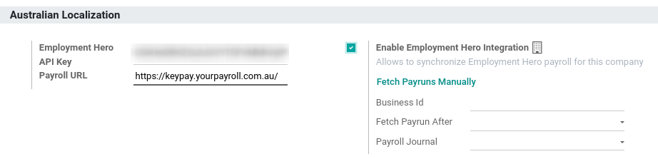 Enabling Employment Hero Integration in Odoo Accounting displays new fields in the settings