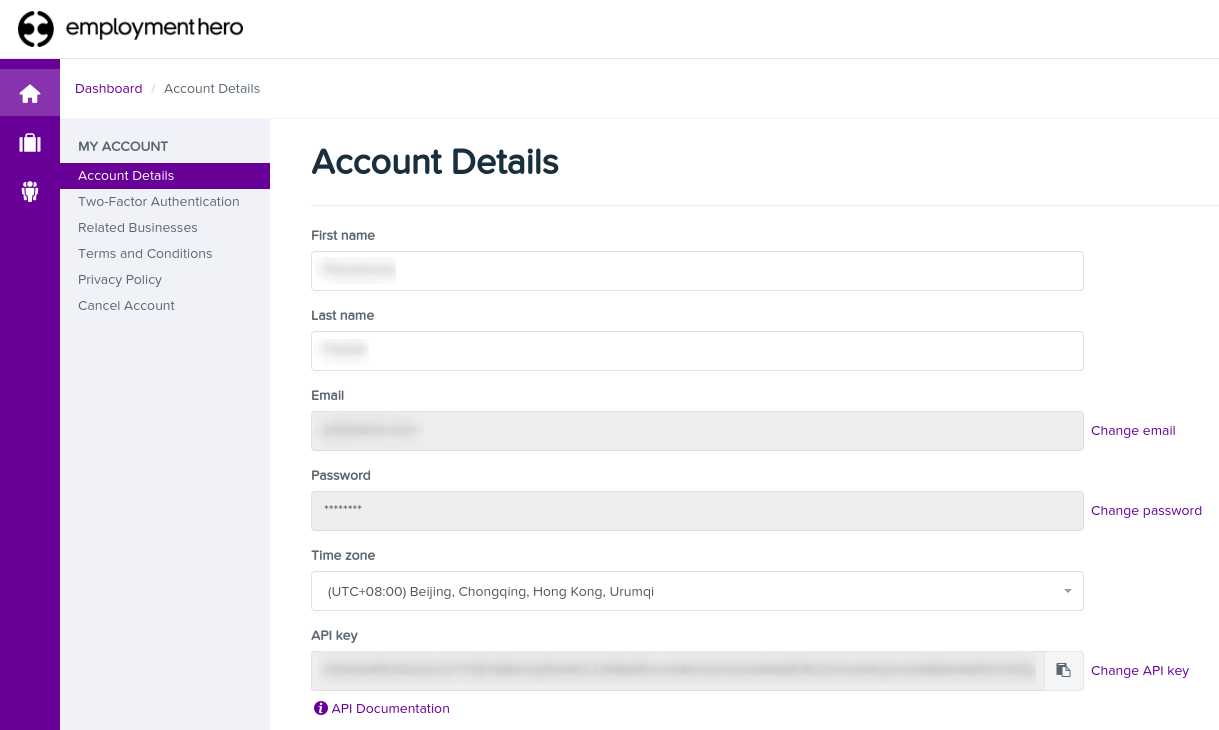 "Account Details" section on the Employment Hero dashboard