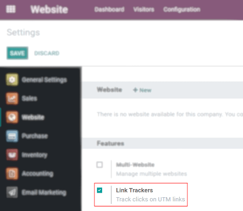 View of Website settings page emphasizing the link trackers field in Odoo Website
