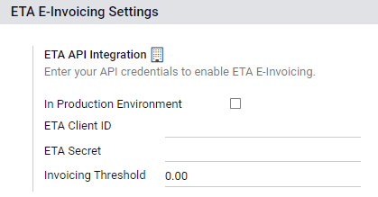 Configuration of the ETA E-Invoicing credentials in Odoo Accounting