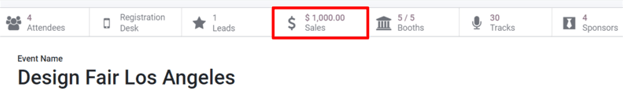 View of an event's form and the sales smart button in Odoo Events.