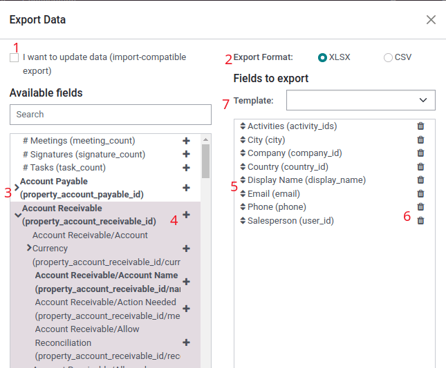 overview of all the options to take into account when exporting data in Odoo
