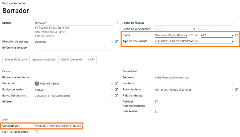 Export invoice fields autofilled in Odoo.