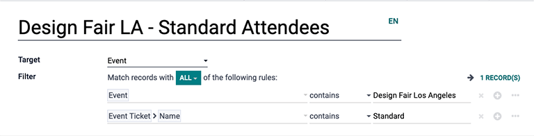 An event ticket filter in the Odoo Marketing Automation application.
