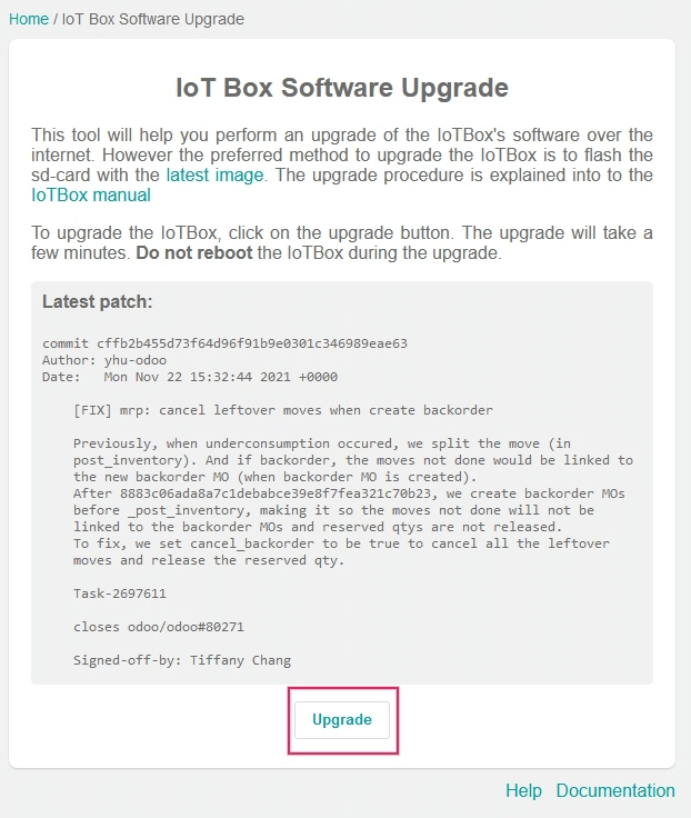 IoT box software upgrade in the IoT Box Home Page.