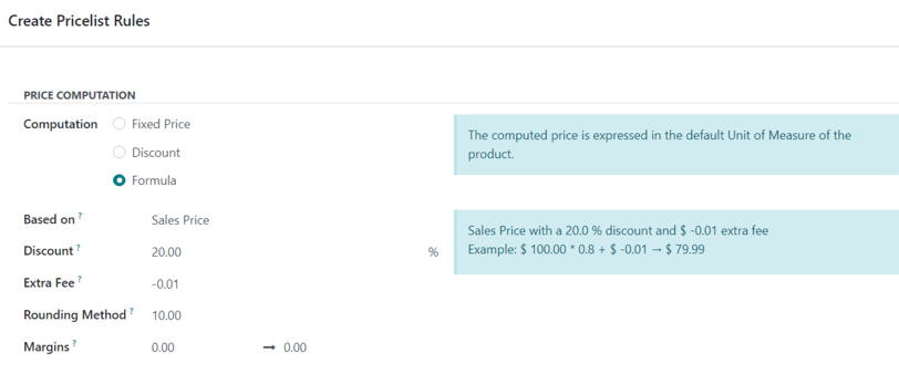 Example of a 20% discount with prices rounded to 9.99 in Odoo Sales.