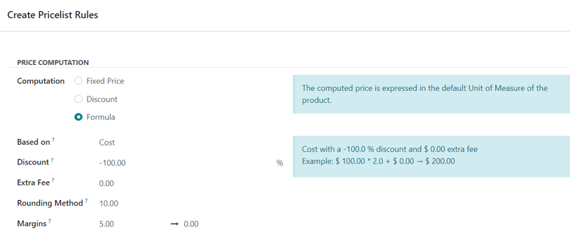 How it looks to formulate a markup cost with 5 dollar minimum margin in Odoo Sales.