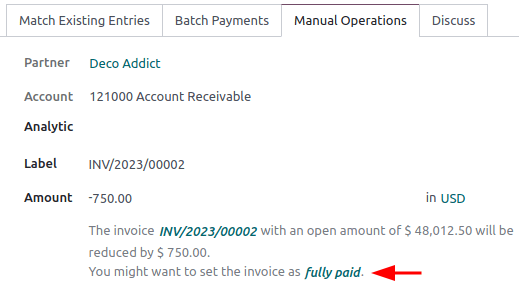 Click on fully paid to manually set an invoice as entirely paid.