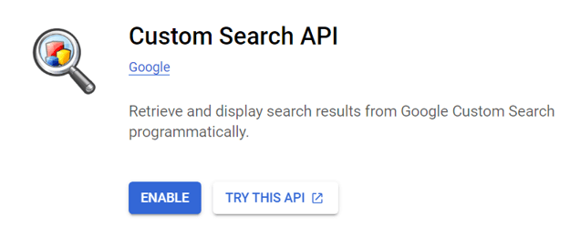 "Custom Search API" page with Enable button highlighted on Google Cloud Platform.