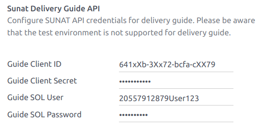 Example for the SUNAT Delivery Guide API section configuration.
