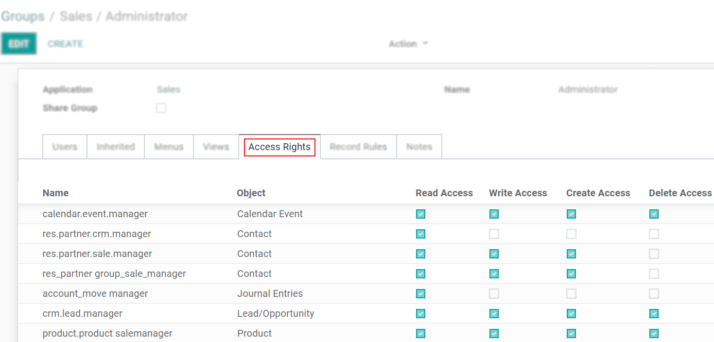View of a group’s form emphasizing the tab access rights in Odoo