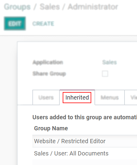View of a group’s form emphasizing the tab inherited in Odoo