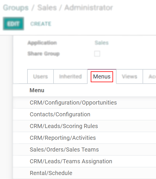 View of a group’s form emphasizing the tab menus in Odoo