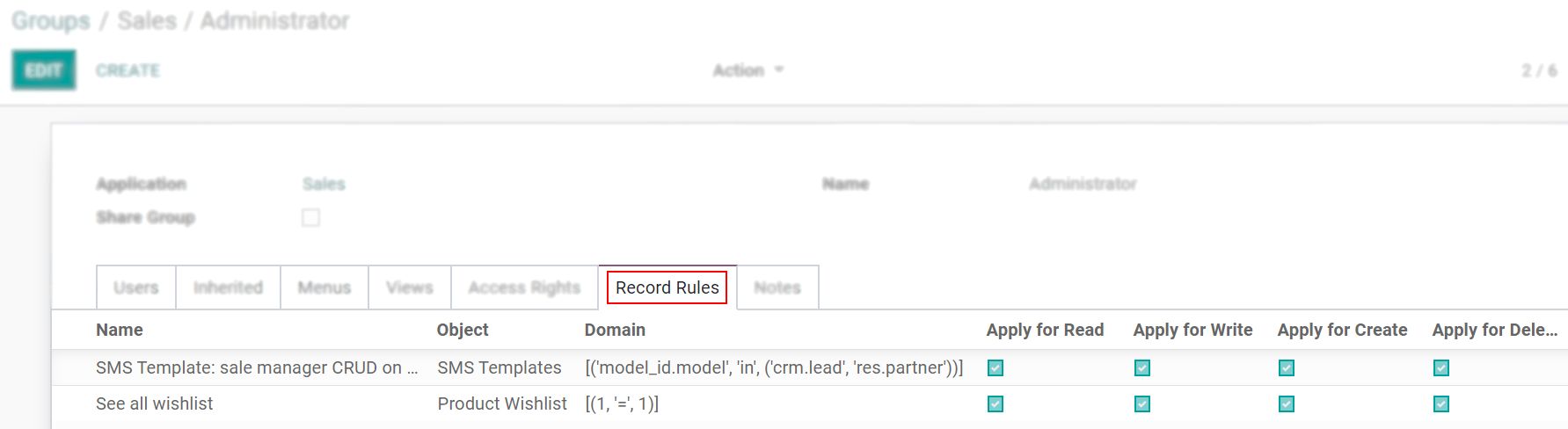 View of a group’s form emphasizing the tab record rules in Odoo