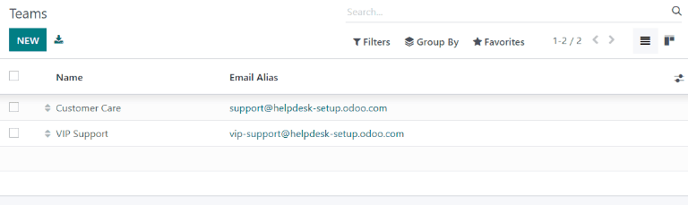 View of the Helpdesk teams page in Odoo Helpdesk