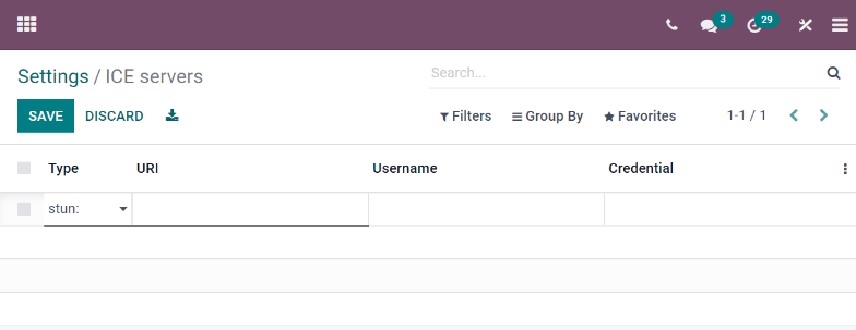 The "ICE servers" page in Odoo.