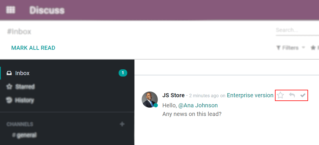 View of an inbox message and its action options in Odoo Discuss