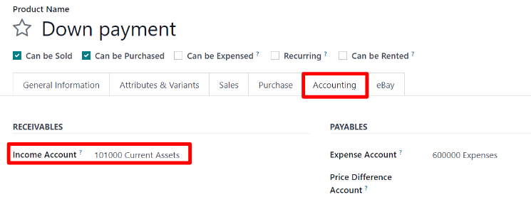 How to modify the income account link to down payments