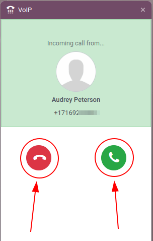 Incoming VoIP call in Odoo
